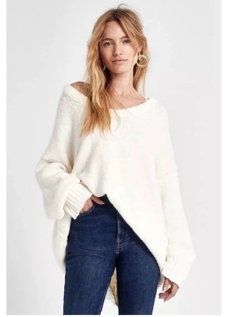 Free People Brookside tunic Cream L Oversized Scoop-Neck slouchy Sweater